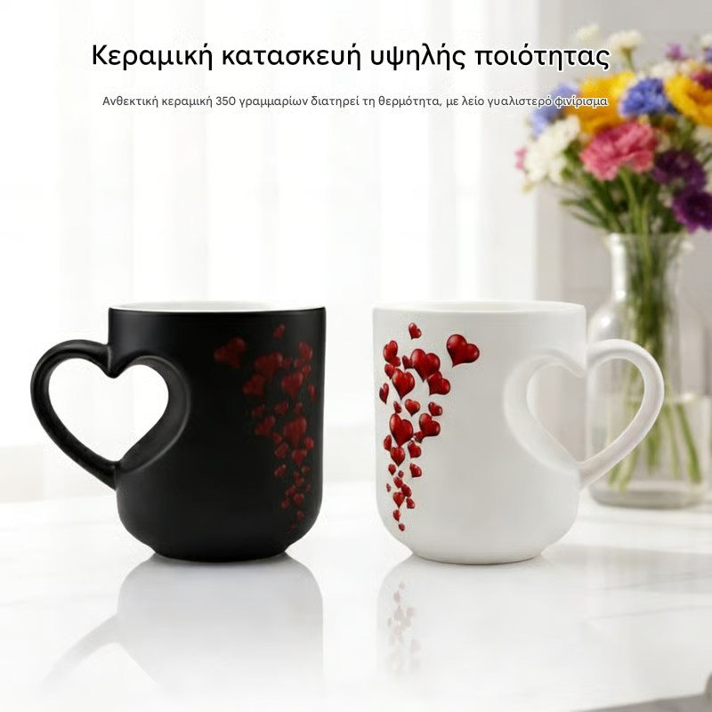 💝Κεραμική κούπα για την ημέρα του Αγίου Βαλεντίνου με λαβή σε σχήμα καρδιάς που αλλάζει χρώμα✨