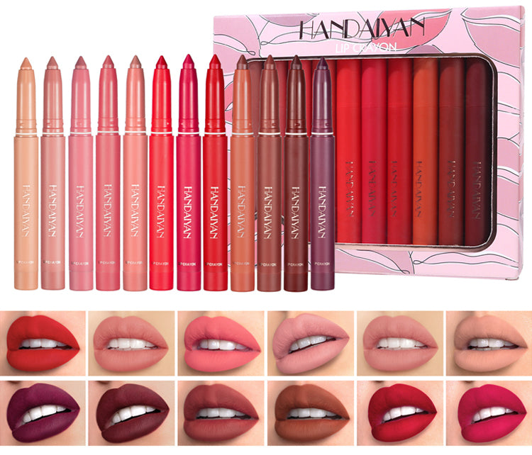 💋💄【1 σετ 12 χρωμάτων】Ματ μολύβι χειλιών, αυτόματα αδιάβροχο και ανθεκτικό στη μεταφορά κραγιόν χειλιών