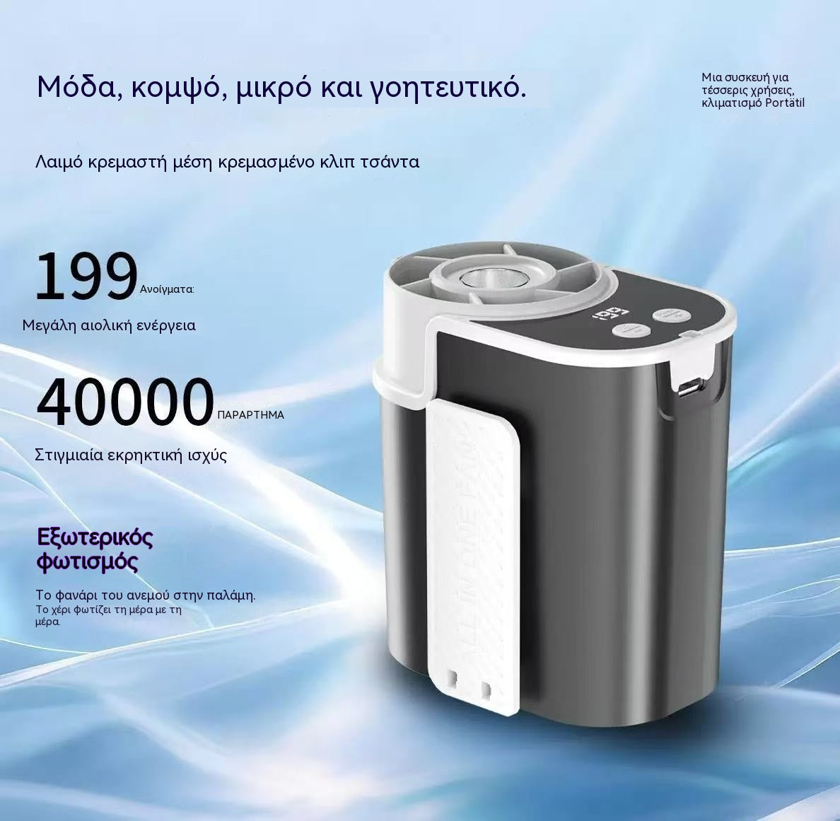 🌀 Ανεμιστήρας hands-free με οθόνη LED, ενσωματωμένο κλιπ και 199 ρυθμιζόμενα επίπεδα