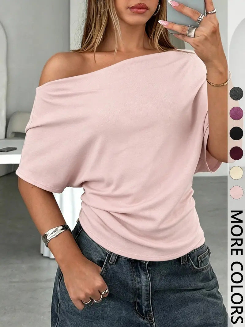 👚 Γυναικείο Ασύμμετρο Μπλούζα με Έξω τους Ώμους και Στυλ Batwing – Κομψό, Δράμα & Απαλή Άνεση 🦇✨