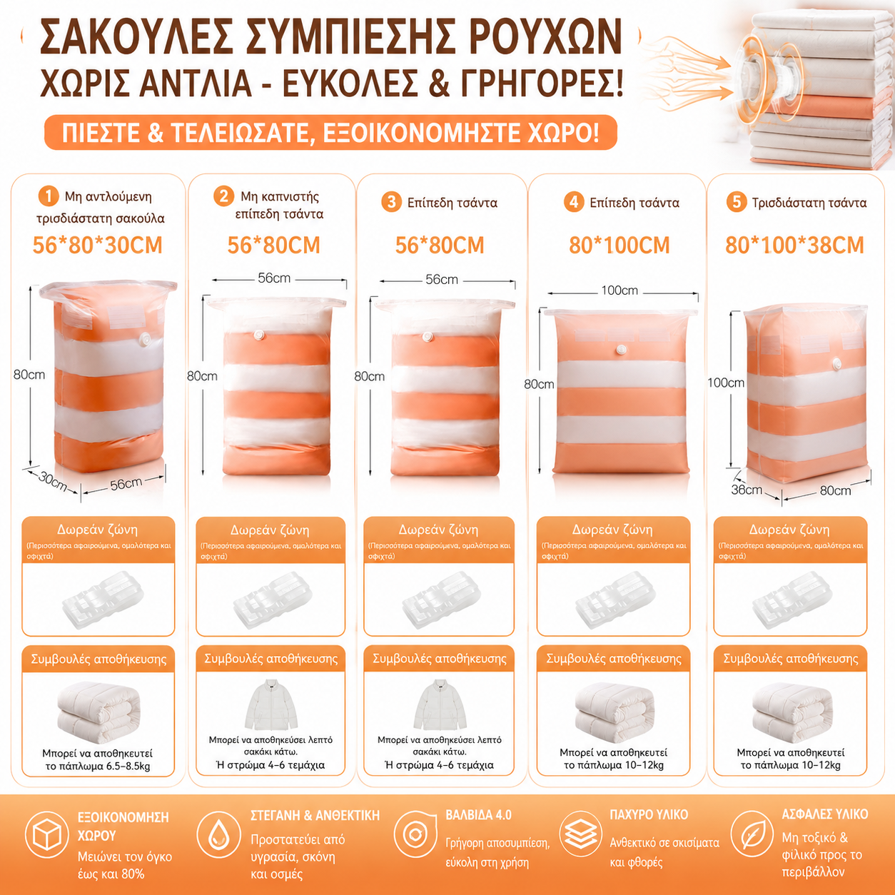 【Σετ 5 τεμαχίων】🧳Μεγάλες σακούλες συμπίεσης αποθήκευσης κενού χωρίς αντλίες, σακούλες συμπίεσης ρούχων
