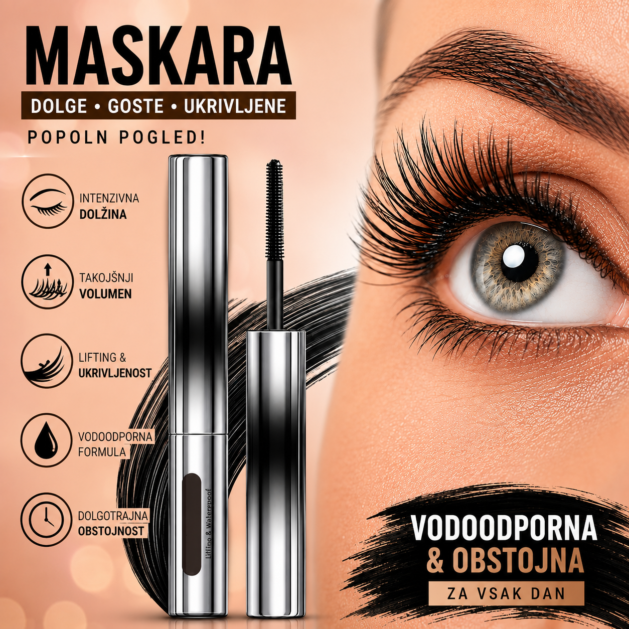 【2 kosa】Vodoodporna 3D maskara, črna in rjava