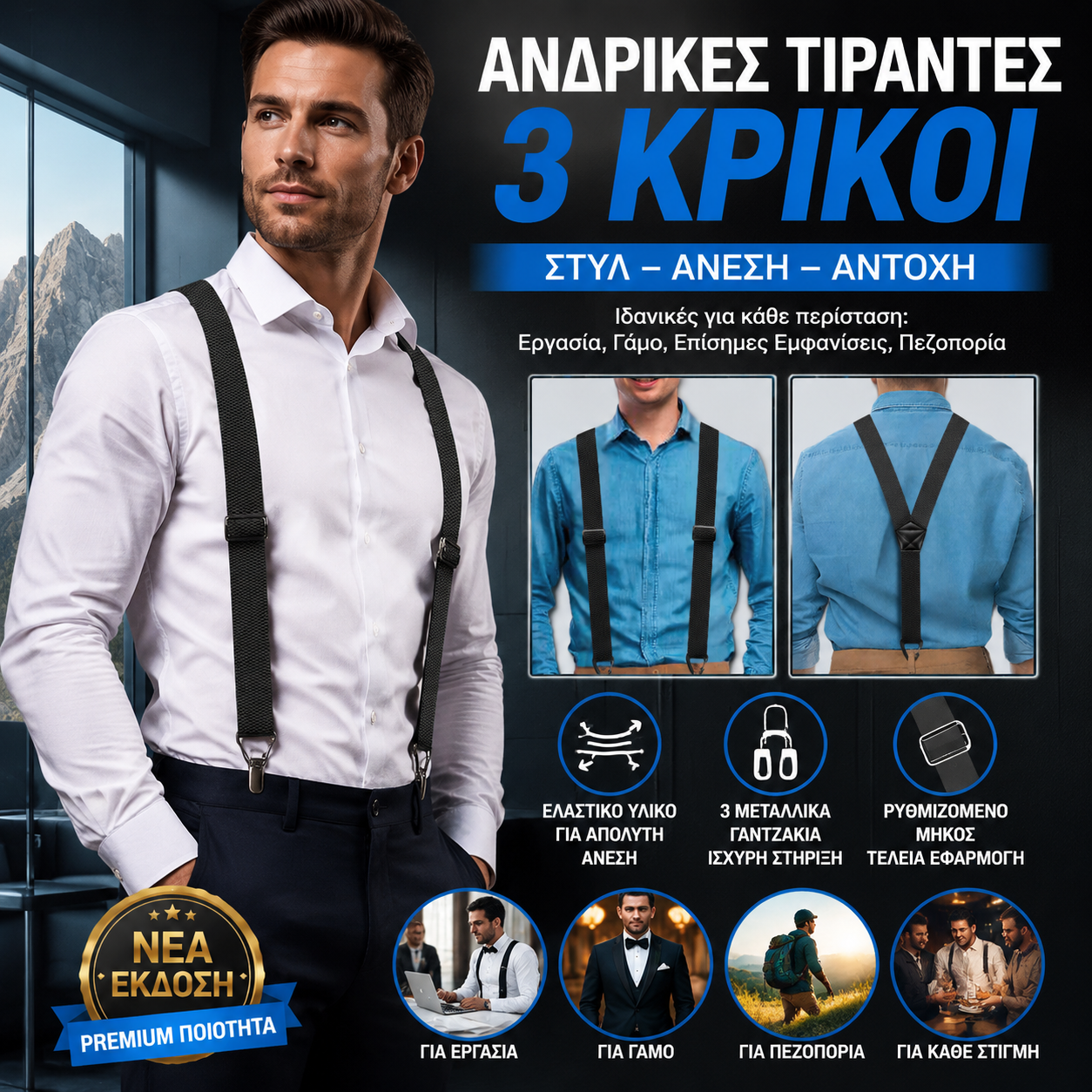 ⏰Ανδρική τιράντες με γάντζο και μάτι, λουράκια σε σχήμα Χ, κατάλληλες για πολλαπλές περιστάσεις