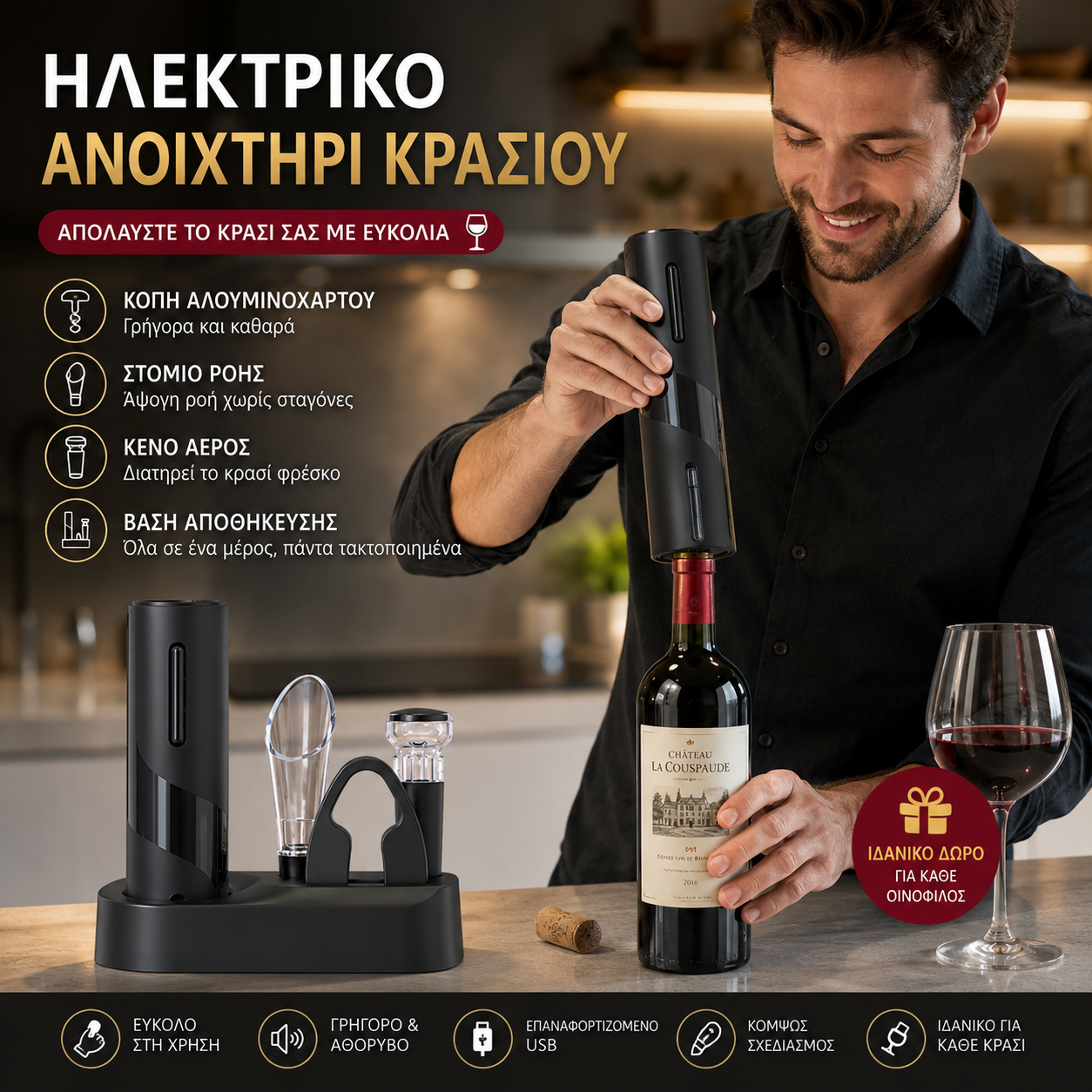 Ηλεκτρικό Σετ ανοιχτήρι κρασιού🍷【Το τέλειο δώρο για κάθε περίσταση】Ένα υπέροχο δώρο για κάθε λάτρη του κρασιού στη ζωή σας