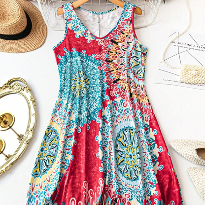 【XL-5XL】🌸Καλοκαιρινές Εκπτώσεις✨ Άνετο καλοκαιρινό φόρεμα χωρίς μανίκια με τύπωμα σε γραμμή Α