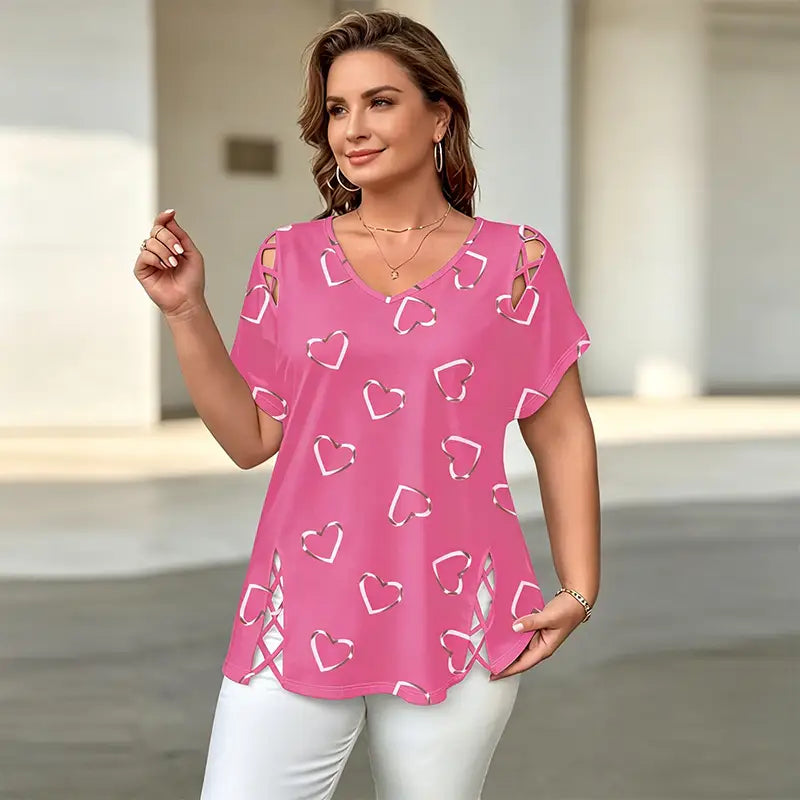 👚【S-5XL】Μοντέρνο μπλουζάκι με V λαιμόκοψη και άνοιγμα σε σχήμα καρδιάς