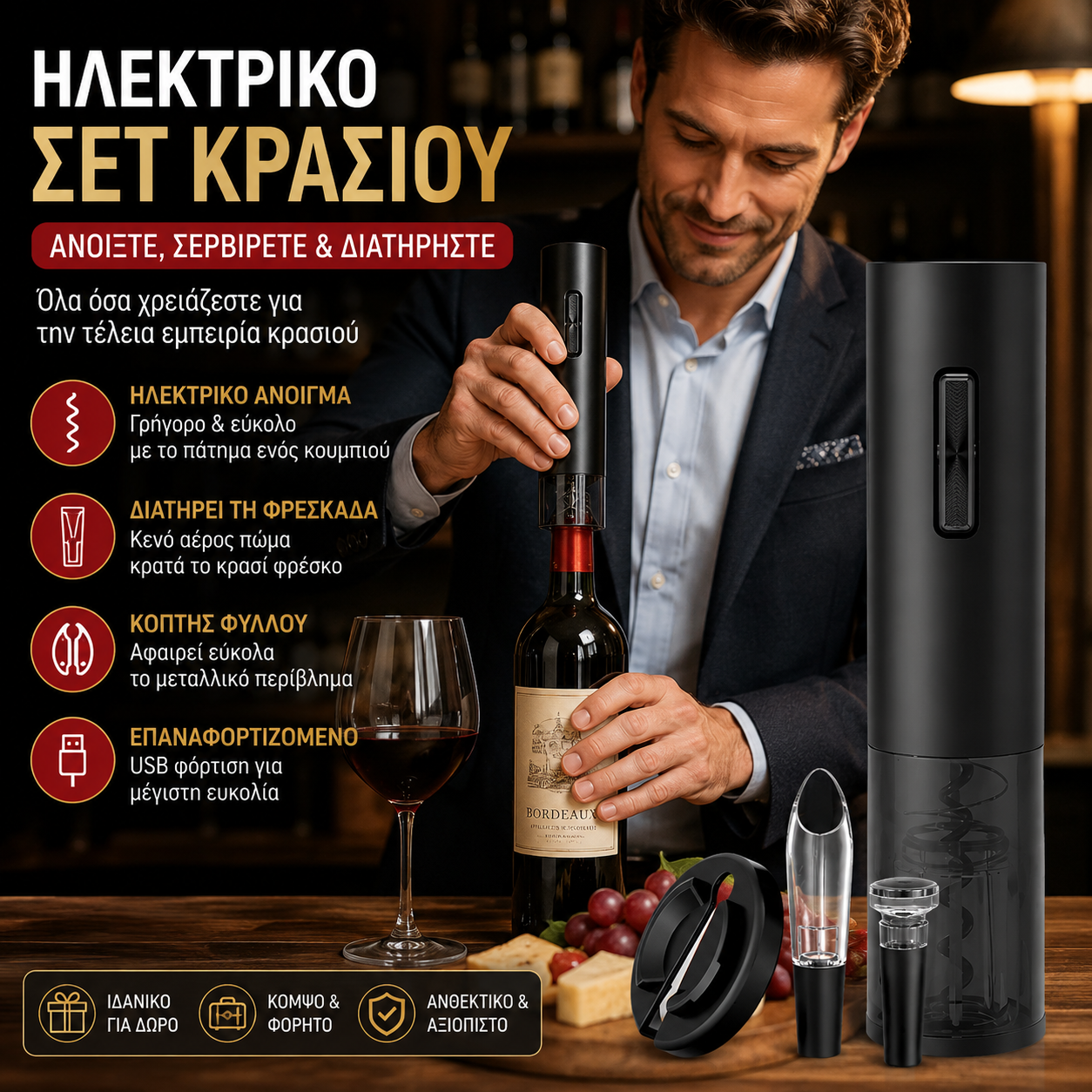🍷Σετ ηλεκτρικών ανοιχτηριών κρασιού🎁 Τέλειο δώρο για κάποιον που αγαπά το κρασί