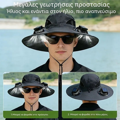 🧢【Απαραίτητο για εξωτερικούς χώρους!】Ηλιακό καπέλο ανεμιστήρα – Αντηλιακή προστασία / Αδιάβροχο / Σκίαστρο ☀️🌬️