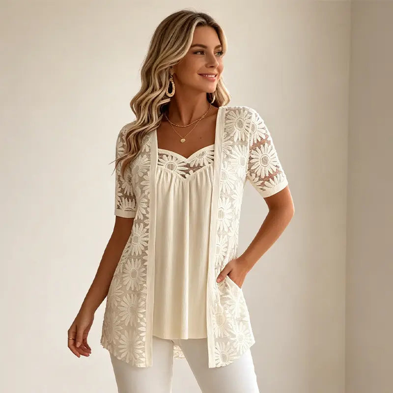 👚 Κομψές μπλούζες 2 σε 1 με δαντέλα και πλέγμα – Σχεδιασμός αδυνατίσματος κατά της κοιλιάς, 5 χρώματα, μεγέθη S-4XL! 🌸✨