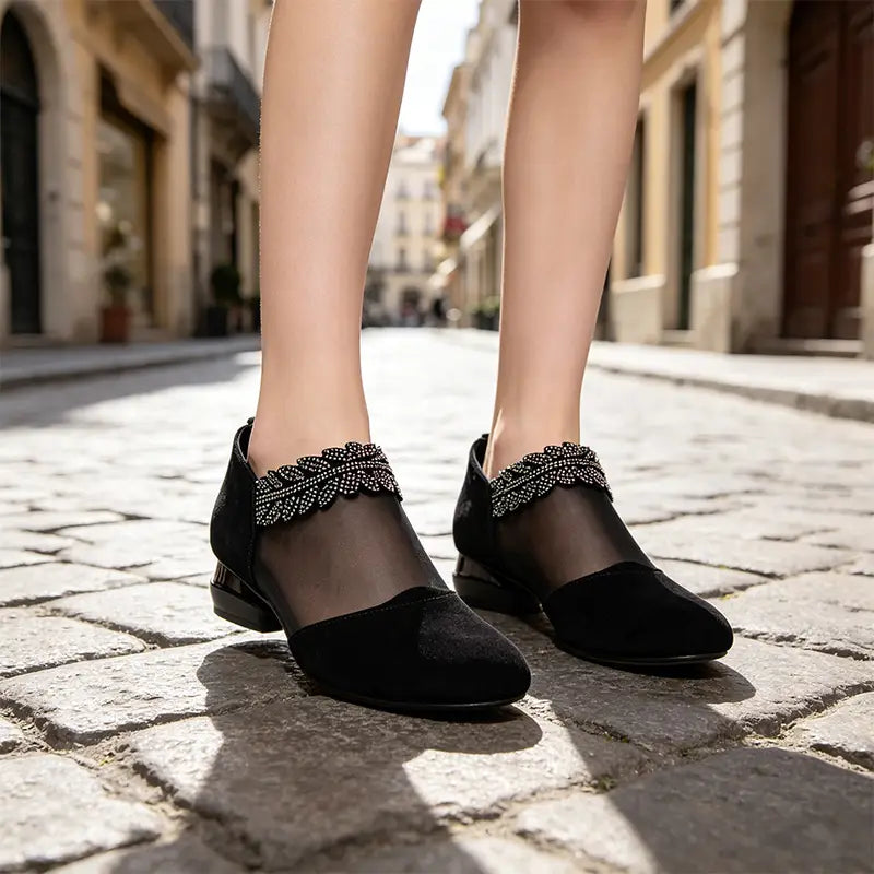 👡💎 Παπούτσια με χαμηλό τακούνι, από πλέγμα και κρύσταλλα, γαλλικού στιλ