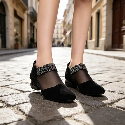 👡💎 Παπούτσια με χαμηλό τακούνι, από πλέγμα και κρύσταλλα, γαλλικού στιλ