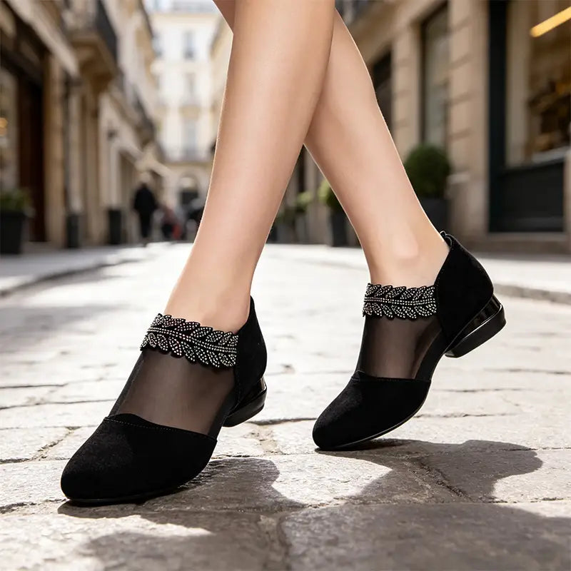👡💎 Παπούτσια με χαμηλό τακούνι, από πλέγμα και κρύσταλλα, γαλλικού στιλ