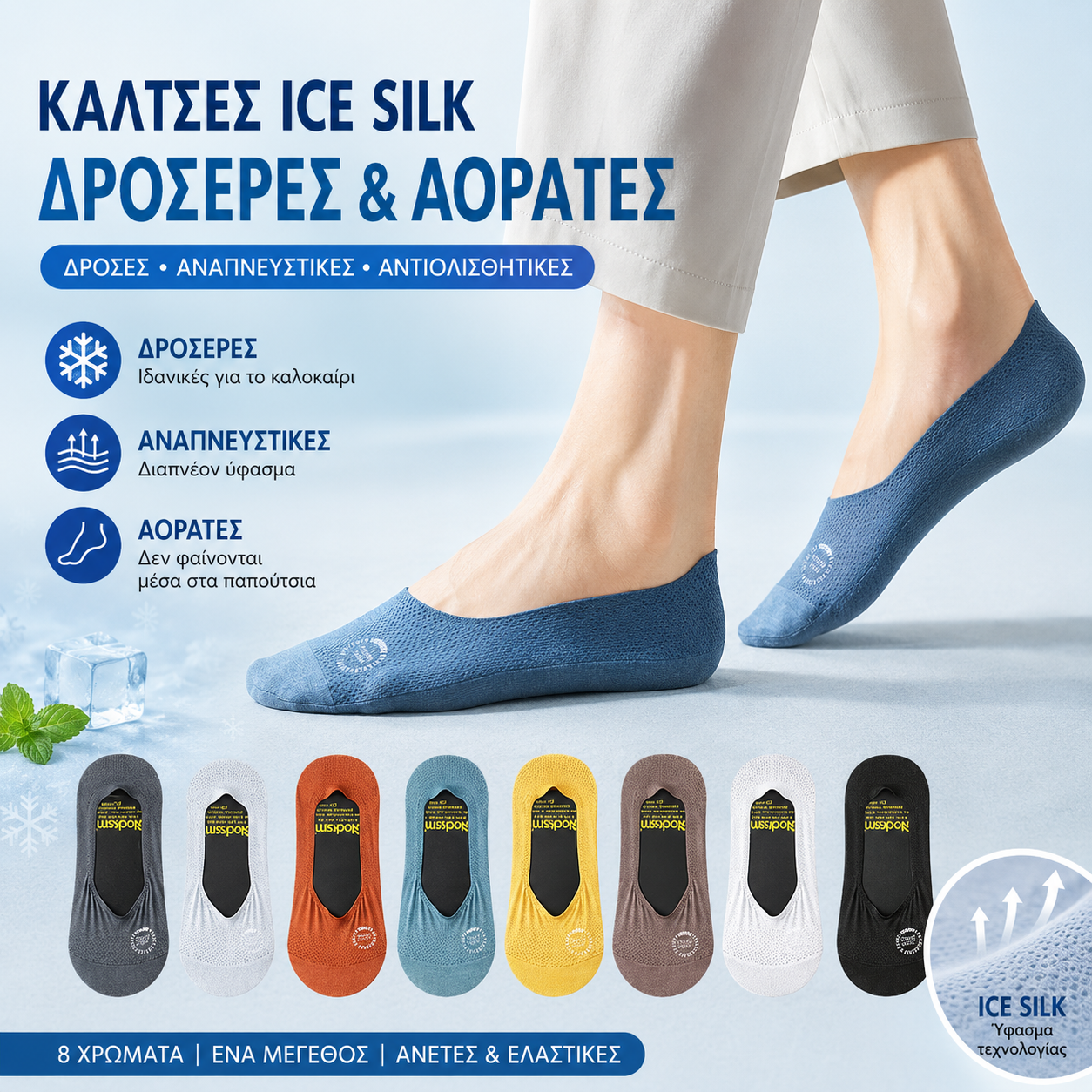 【8 ζευγάρια για 28 ευρώ】🧦Ανδρικό καλσόν Ice Silk Mesh, αντιολισθητικό και χαμηλό.