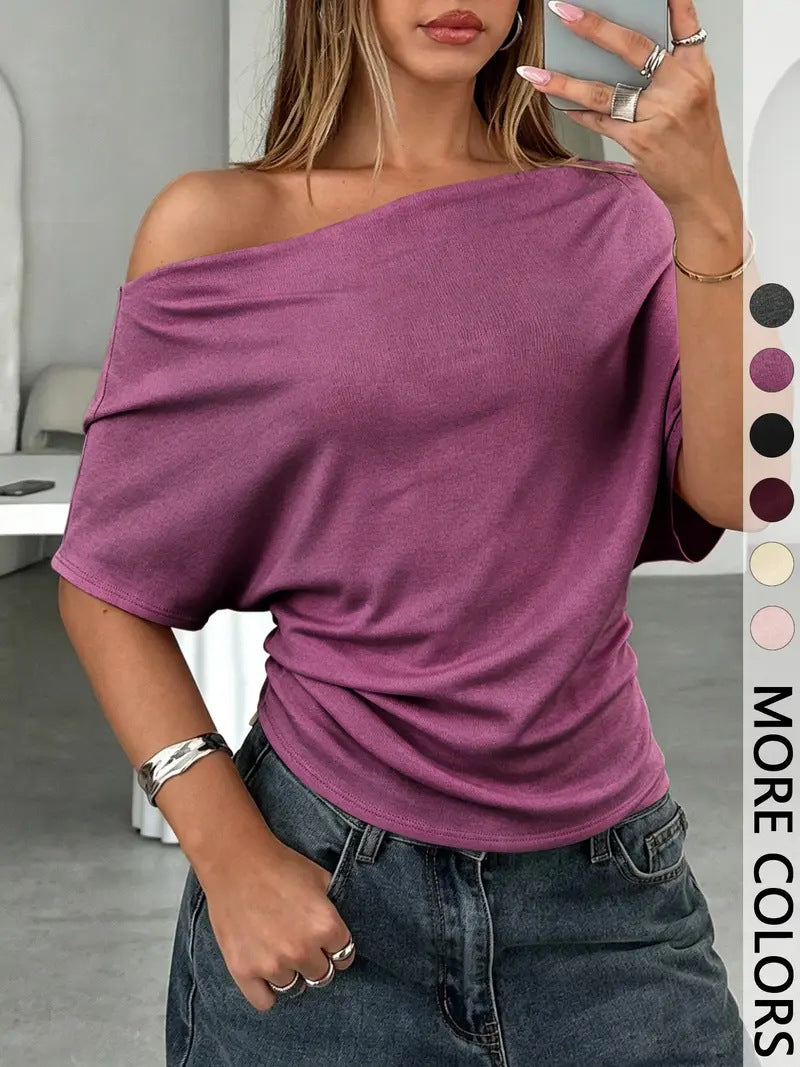 👚 Γυναικείο Ασύμμετρο Μπλούζα με Έξω τους Ώμους και Στυλ Batwing – Κομψό, Δράμα & Απαλή Άνεση 🦇✨