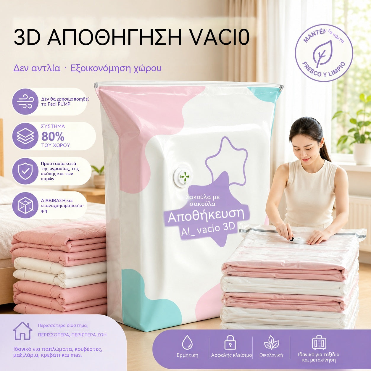 🧳【Σετ 5 τεμαχίων】💨 Σακούλες αποθήκευσης κενού μεγάλης χωρητικότητας, συμπιέσιμες: Δεν χρειάζεται αντλία, στεγανές, ιδανικές για εξοικονόμηση χώρου στη βαλίτσα και το σπίτι σας ✈️