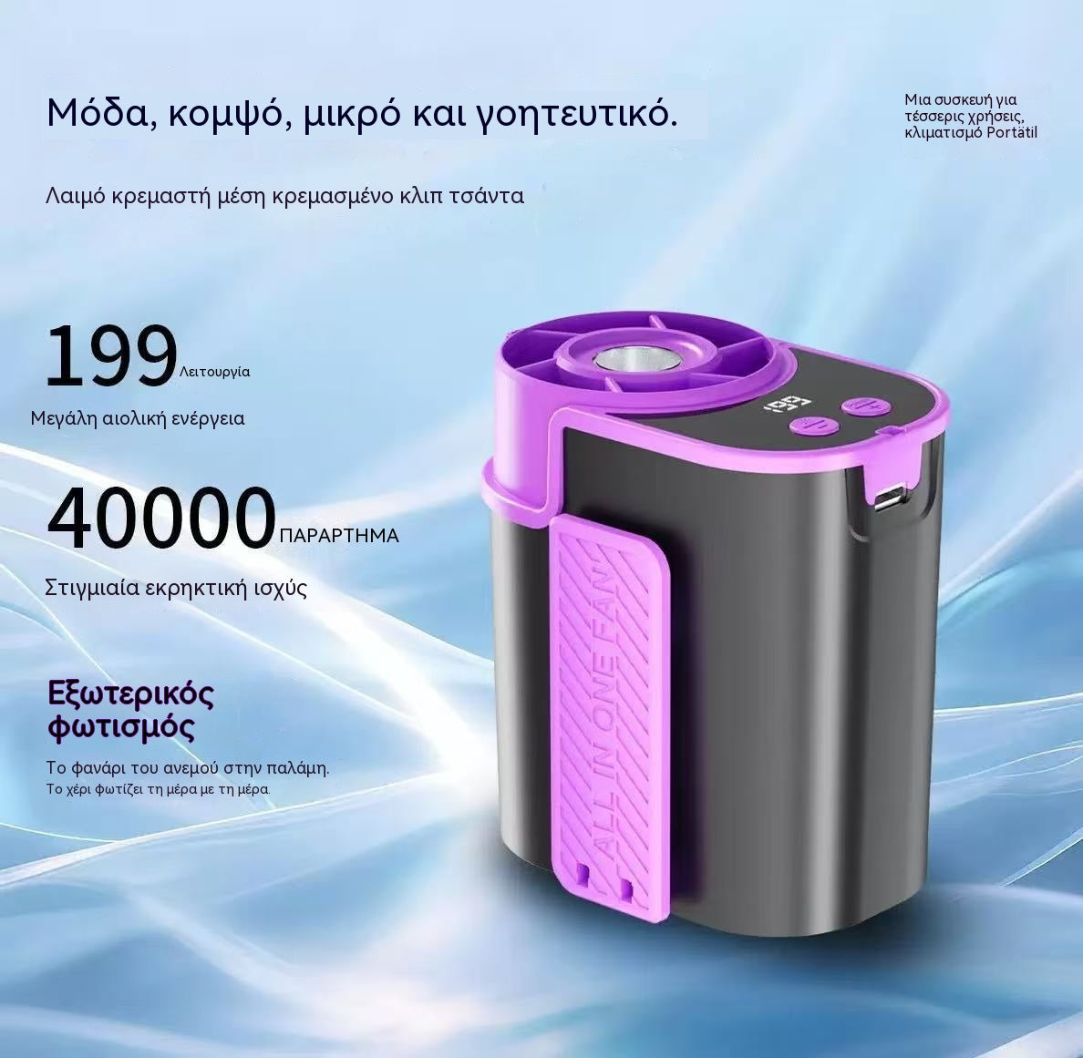 🌀 Ανεμιστήρας hands-free με οθόνη LED, ενσωματωμένο κλιπ και 199 ρυθμιζόμενα επίπεδα