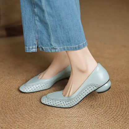 👡 παπούτσια με χοντρά τακούνια και μαλακές σόλες, γαλλικού στιλ, με αέρινα κοψίματα