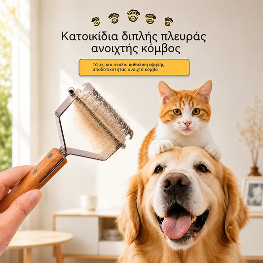 🐕2 PCS🐈Διπλής όψης χτένα ξεμπερδέματος για κατοικίδια – Ξύλινη λαβή & ανοξείδωτη λεπίδα – Αφαιρεί χαλαρό τρίχωμα, ξεμπερδεύει κόμπους, καθαρίζει