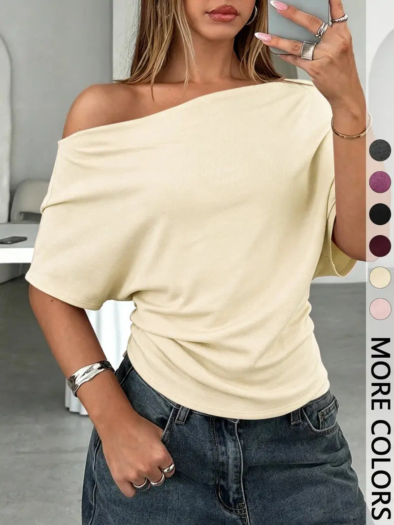 👚 Γυναικείο Ασύμμετρο Μπλούζα με Έξω τους Ώμους και Στυλ Batwing – Κομψό, Δράμα & Απαλή Άνεση 🦇✨