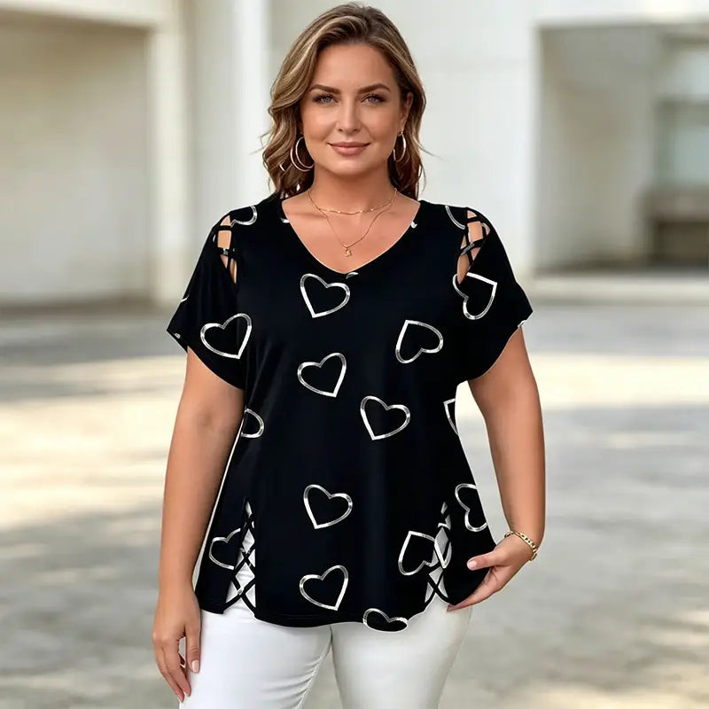 👚【S-5XL】Μοντέρνο μπλουζάκι με V λαιμόκοψη και άνοιγμα σε σχήμα καρδιάς