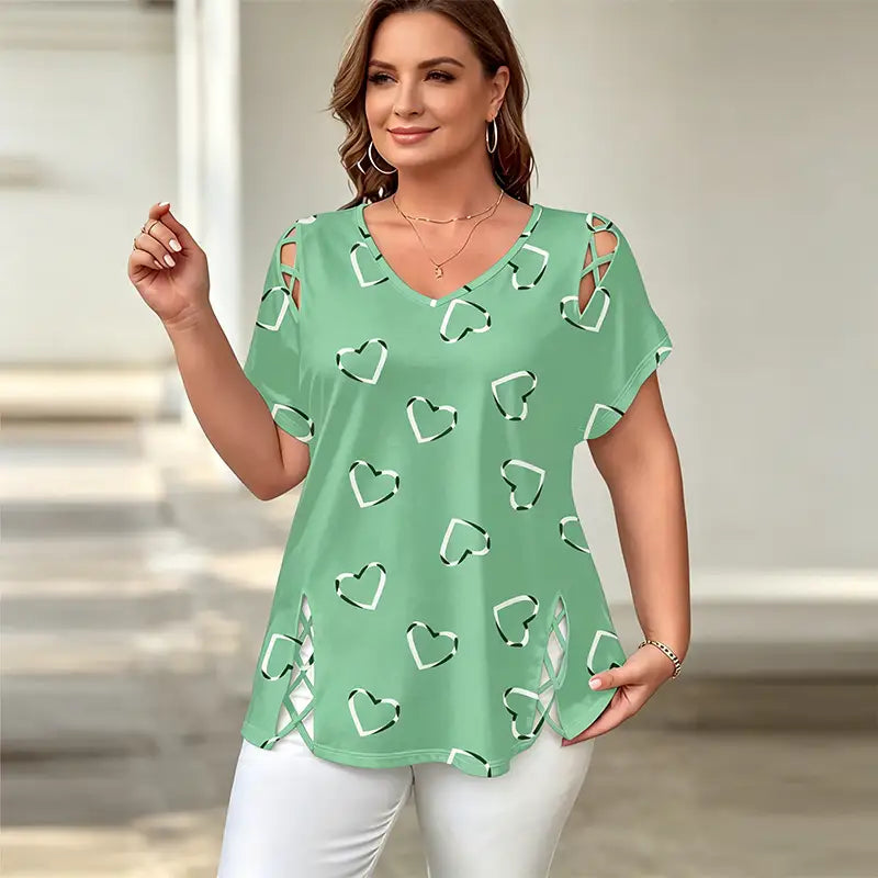 👚【S-5XL】Μοντέρνο μπλουζάκι με V λαιμόκοψη και άνοιγμα σε σχήμα καρδιάς
