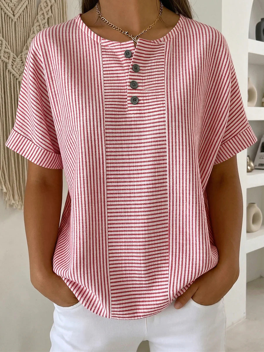 🌸 50% ΕΚΠΤΩΣΗ ΤΩΡΑ! 🌸 Γυναικείο Ριγέ Πουκάμισο Henley【S-3XL】