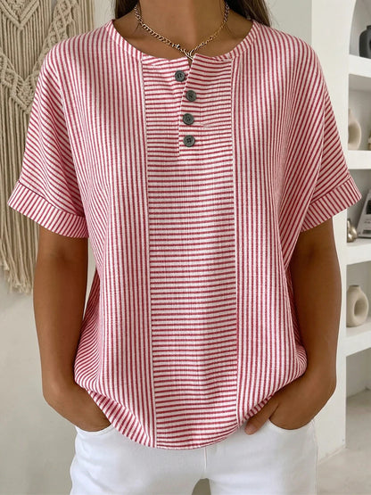 🌸 50% ΕΚΠΤΩΣΗ ΤΩΡΑ! 🌸 Γυναικείο Ριγέ Πουκάμισο Henley【S-3XL】