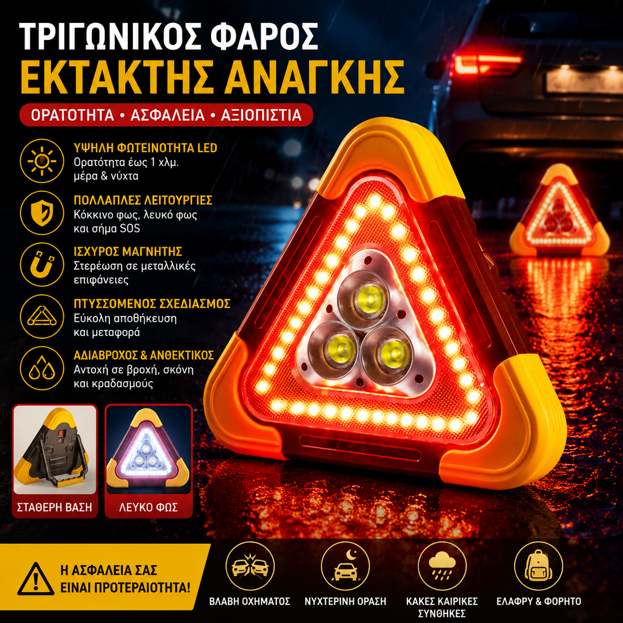 🚗Μεγάλη ειδική προσφορά – 49% έκπτωση🆘3 σε 1 τριγωνικό φως έκτακτης ανάγκης για χρήση στο δρόμο✨