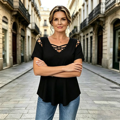 👚【Νέα Άφιξη, Προσφορά Περιορισμένης Διάρκειας】【S-5XL】Μπλούζα με V-Neck από καθαρό βαμβάκι, Crossover Design, Σχίσιμο, Κομψό και Αναπνεύσιμο