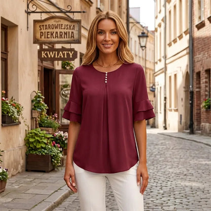👕【S-3XL】Κομψή γυναικεία μπλούζα από σιφόν με βολάν και μανίκια | Casual πουκάμισο γραφείου με διακοσμητικά κουμπιά, χαλαρή και αέρινη γραμμή