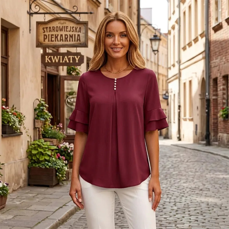 👕【S-3XL】Κομψή γυναικεία μπλούζα από σιφόν με βολάν και μανίκια | Casual πουκάμισο γραφείου με διακοσμητικά κουμπιά, χαλαρή και αέρινη γραμμή