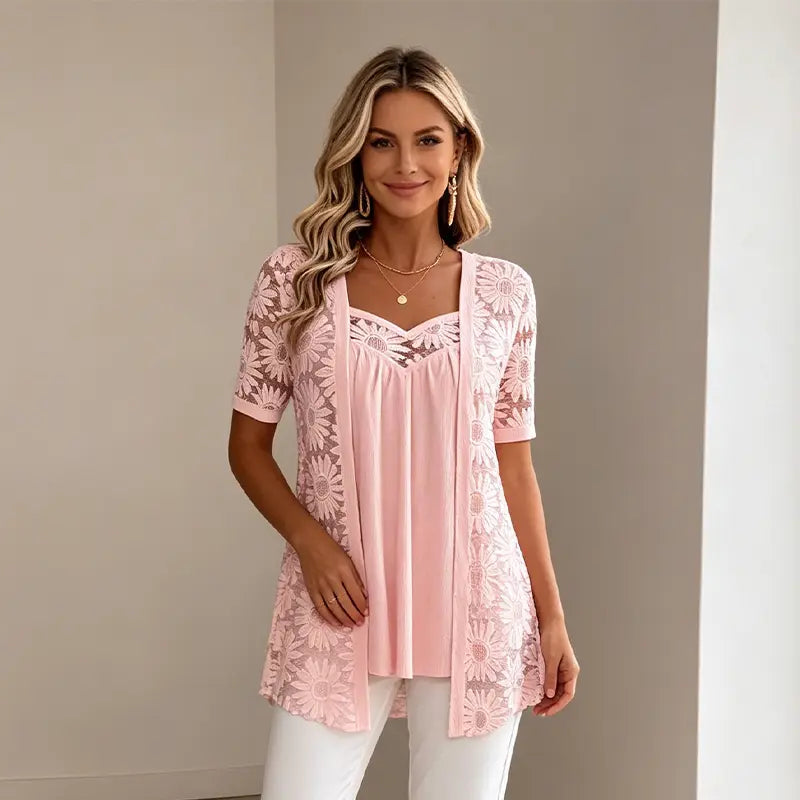 👚 Κομψές μπλούζες 2 σε 1 με δαντέλα και πλέγμα – Σχεδιασμός αδυνατίσματος κατά της κοιλιάς, 5 χρώματα, μεγέθη S-4XL! 🌸✨