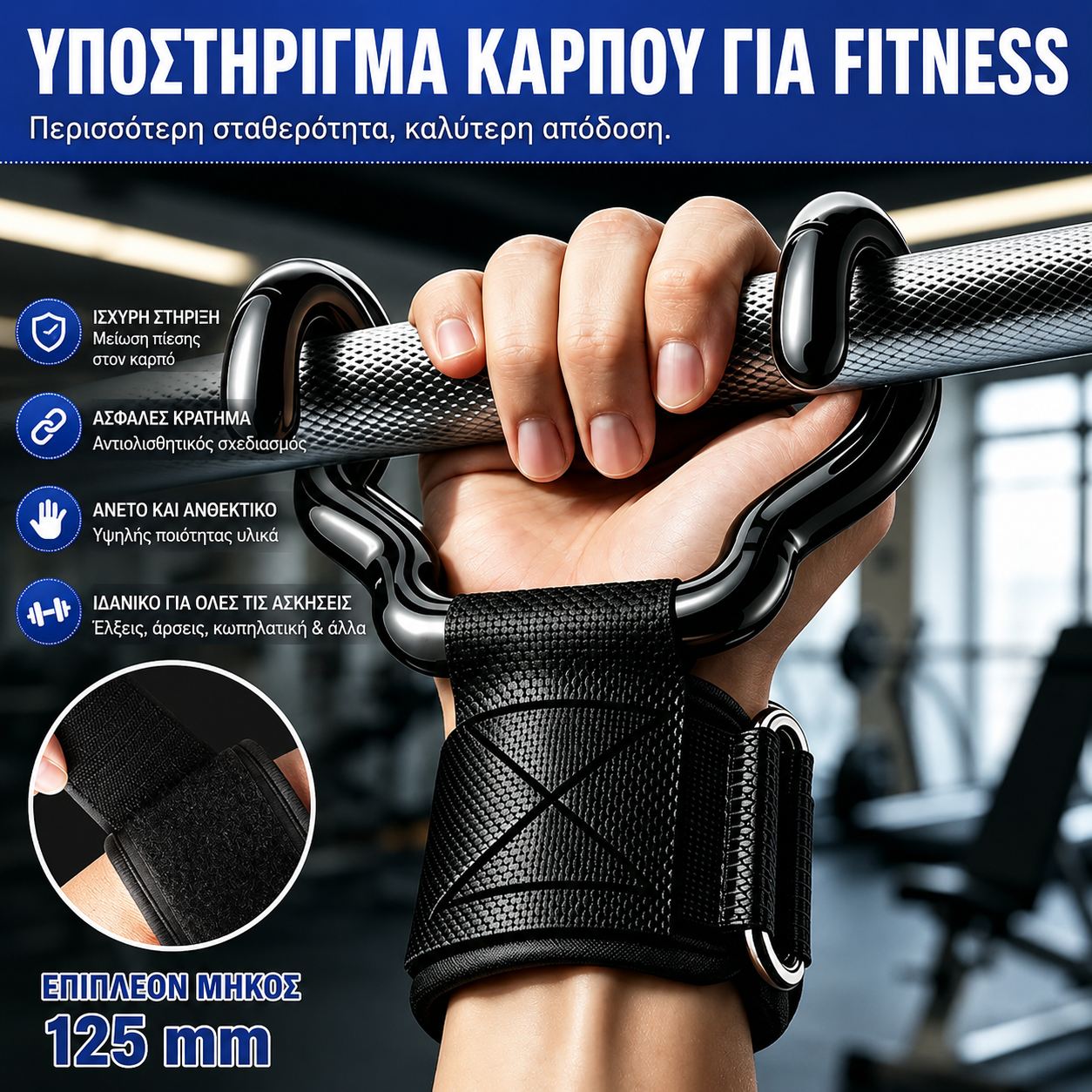 Σετ 2 γάντζων γυμναστικής για bodybuilding και άρση βαρών, διευρυμένη στήριξη 125 mm, αντιολισθητικοί ιμάντες καρπού, χωρητικότητα 250 kg για έλξεις και άρσεις θανάτου