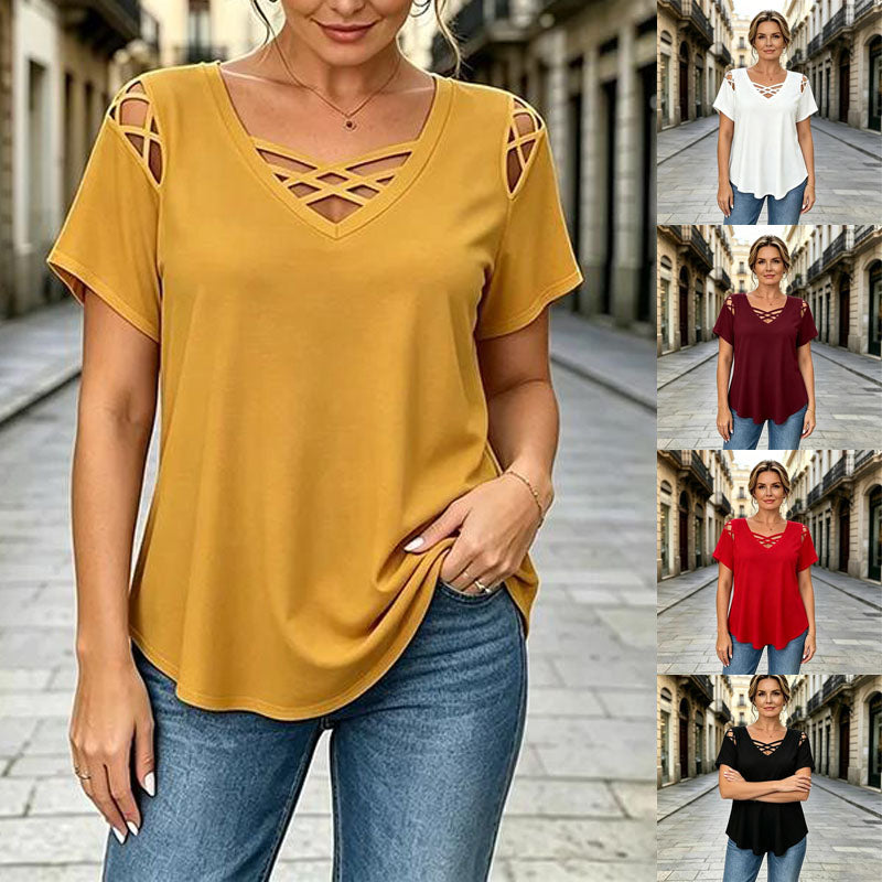 👚【Νέα Άφιξη, Προσφορά Περιορισμένης Διάρκειας】【S-5XL】Μπλούζα με V-Neck από καθαρό βαμβάκι, Crossover Design, Σχίσιμο, Κομψό και Αναπνεύσιμο