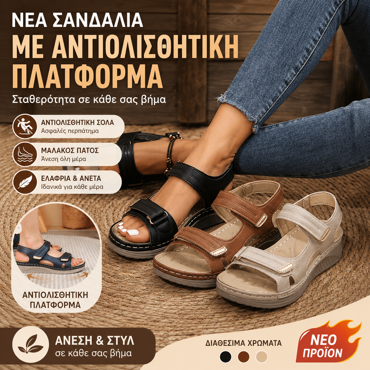 🔥【Bestseller】🔥【Μεγέθη 36-43】Καθημερινά σανδάλια με πλατφόρμα και μαλακή σόλα με ένα λουράκι και velcro