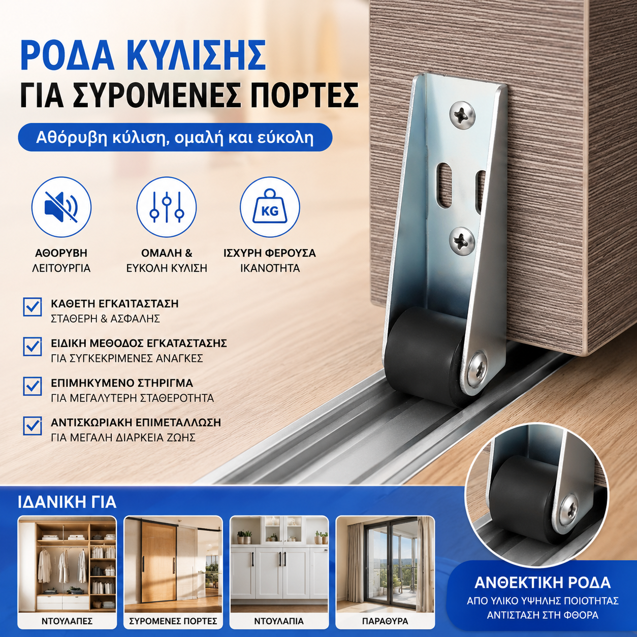 【8 ρόδες + 32 βίδες】——€20🚪 Στήριγμα Συρόμενης Πόρτας με Τροχούς – Αθόρυβη, Ρυθμιζόμενη και Εύκολη στην Εγκατάσταση 🔧