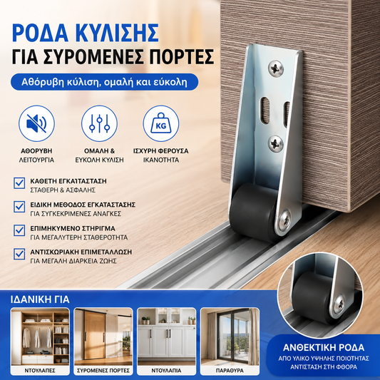 【8 ρόδες + 32 βίδες】——€20🚪 Στήριγμα Συρόμενης Πόρτας με Τροχούς – Αθόρυβη, Ρυθμιζόμενη και Εύκολη στην Εγκατάσταση 🔧