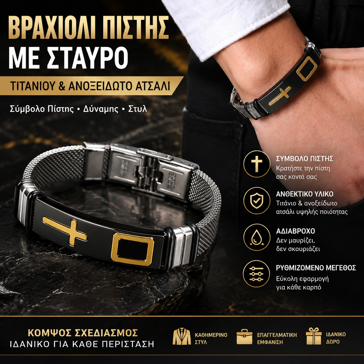 🔥50% ΕΚΠΤΩΣΗ ΤΩΡΑ!🔥 Ανδρικό βραχιόλι με σταυρό από ανοξείδωτο ατσάλι