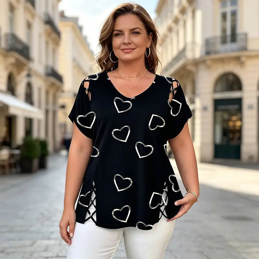 👚【S-5XL】Μοντέρνο μπλουζάκι με V λαιμόκοψη και άνοιγμα σε σχήμα καρδιάς