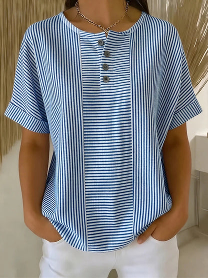 🌸 50% ΕΚΠΤΩΣΗ ΤΩΡΑ! 🌸 Γυναικείο Ριγέ Πουκάμισο Henley【S-3XL】