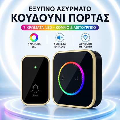 🔔Ασύρματο κουδούνι πόρτας, φως LED 7 χρωμάτων, λειτουργία plug and play, 45 ήχοι κλήσης, ρυθμιζόμενη ένταση ήχου, αδιάβροχος πομπός IP44.