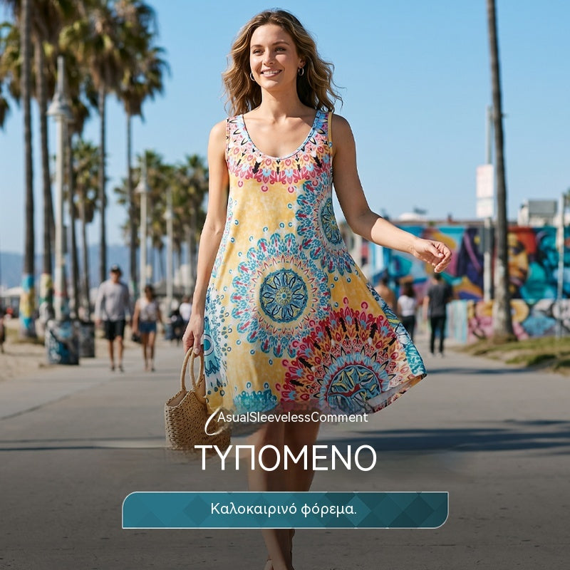 🌸Καλοκαιρινές Εκπτώσεις✨ Άνετο καλοκαιρινό φόρεμα χωρίς μανίκια με τύπωμα σε γραμμή Α