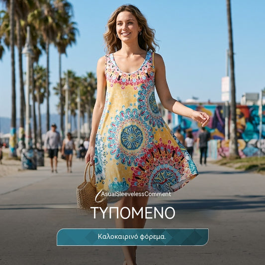 🌸Καλοκαιρινές Εκπτώσεις✨ Άνετο καλοκαιρινό φόρεμα χωρίς μανίκια με τύπωμα σε γραμμή Α