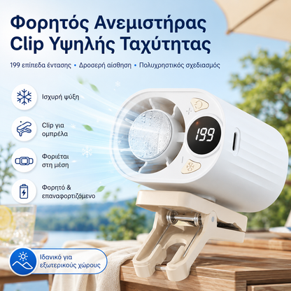 🌀 Ανεμιστήρας hands-free με οθόνη LED, ενσωματωμένο κλιπ και 199 ρυθμιζόμενα επίπεδα