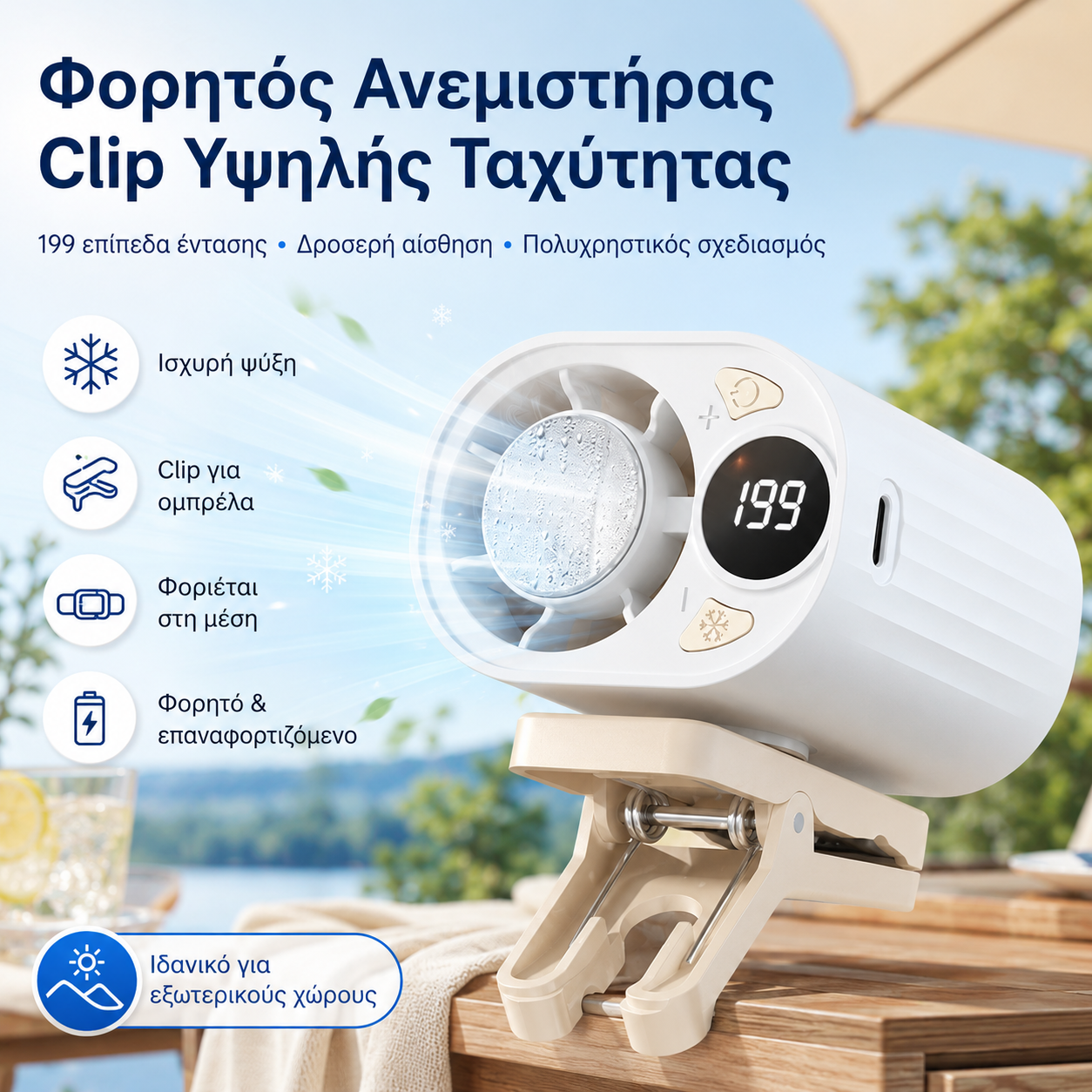 🌀 Ανεμιστήρας hands-free με οθόνη LED, ενσωματωμένο κλιπ και 199 ρυθμιζόμενα επίπεδα