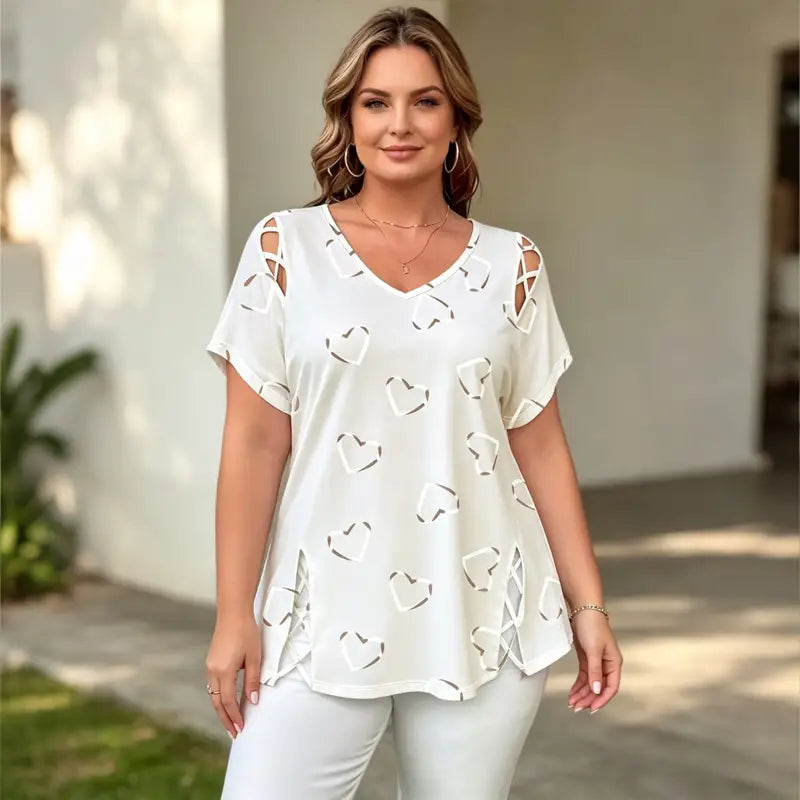 👚【S-5XL】Μοντέρνο μπλουζάκι με V λαιμόκοψη και άνοιγμα σε σχήμα καρδιάς