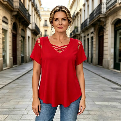 👚【Νέα Άφιξη, Προσφορά Περιορισμένης Διάρκειας】【S-5XL】Μπλούζα με V-Neck από καθαρό βαμβάκι, Crossover Design, Σχίσιμο, Κομψό και Αναπνεύσιμο