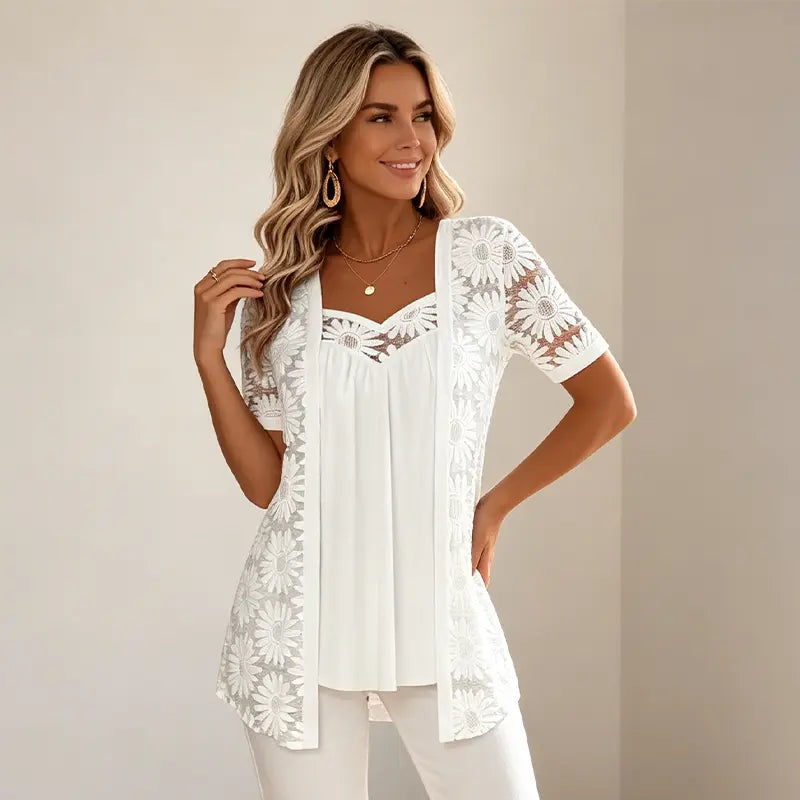 👚 Κομψές μπλούζες 2 σε 1 με δαντέλα και πλέγμα – Σχεδιασμός αδυνατίσματος κατά της κοιλιάς, 5 χρώματα, μεγέθη S-4XL! 🌸✨