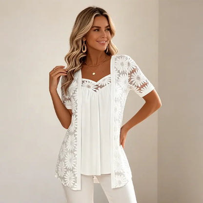 👚 Κομψές μπλούζες 2 σε 1 με δαντέλα και πλέγμα – Σχεδιασμός αδυνατίσματος κατά της κοιλιάς, 5 χρώματα, μεγέθη S-4XL! 🌸✨