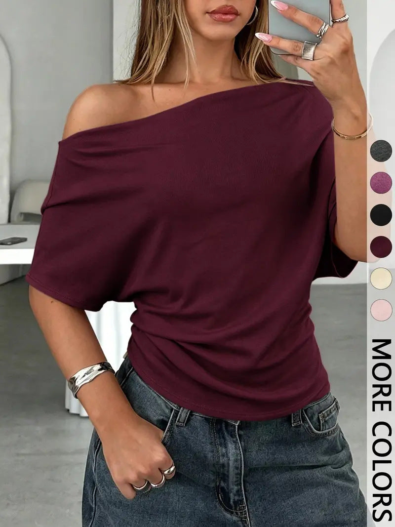👚 Γυναικείο Ασύμμετρο Μπλούζα με Έξω τους Ώμους και Στυλ Batwing – Κομψό, Δράμα & Απαλή Άνεση 🦇✨